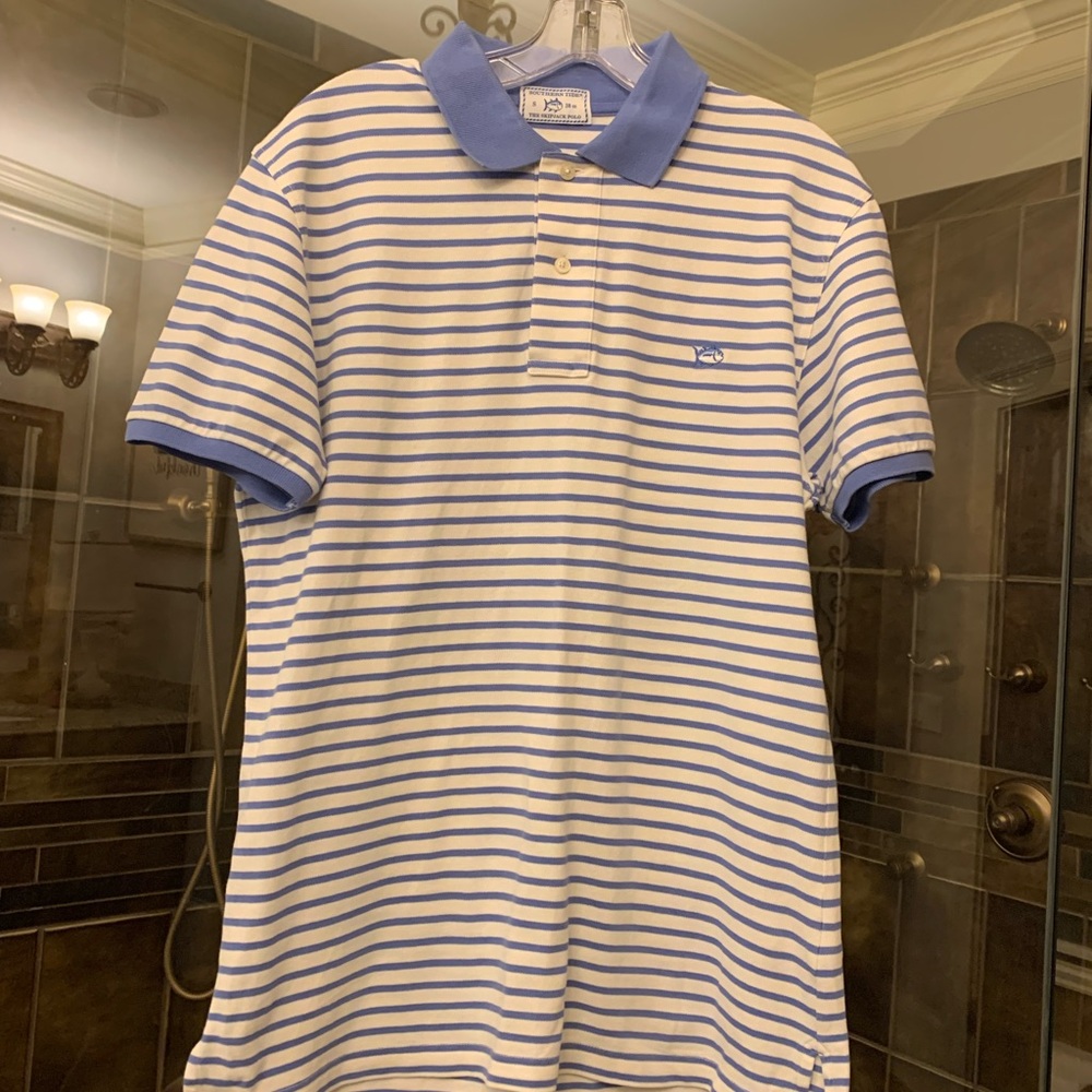 Small Men’s Shirt Sleeve Polo in Bluish/Purple and White Stripes